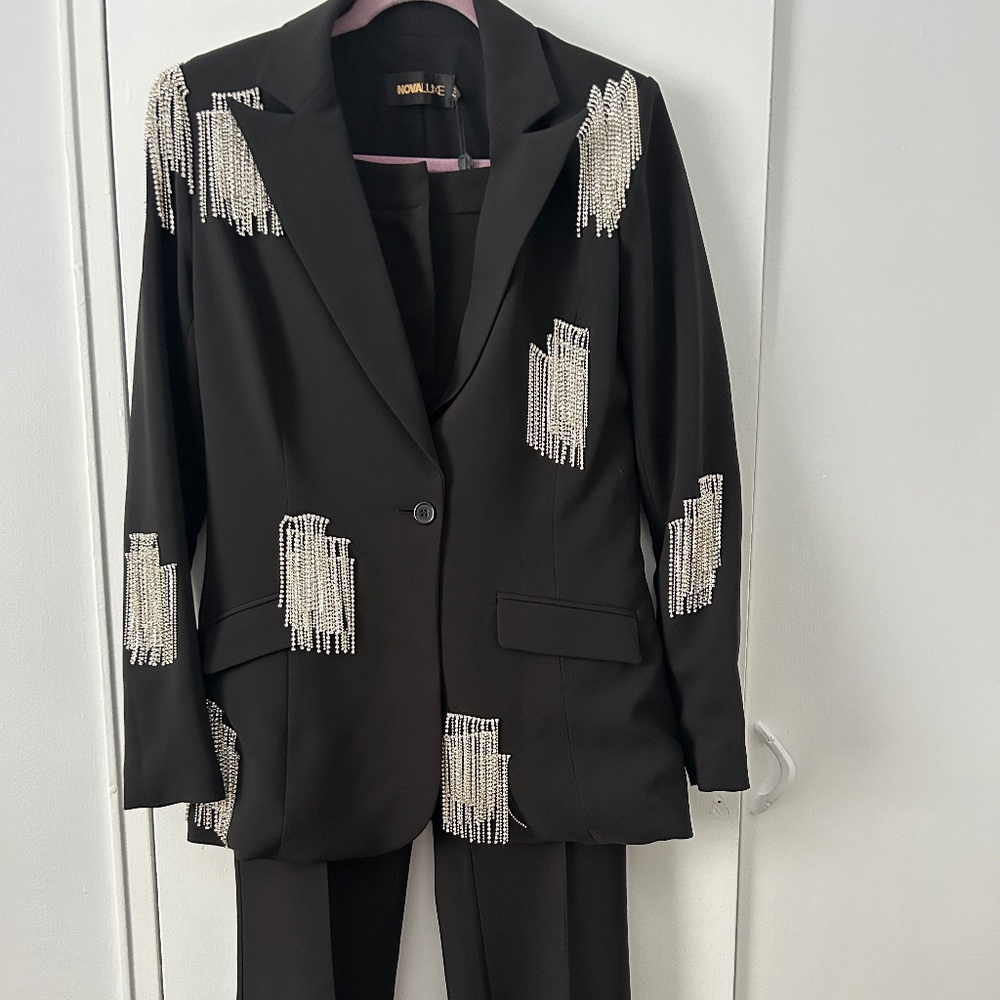 Black Fashion Nova Pants Suit with Rhinestone Fringe Trim Sz. M NWT
